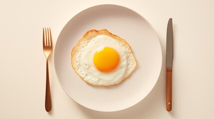 A delectable breakfast scene featuring a perfectly fried egg with a golden yolk, elegantly presented on a light beige ceramic plate, set on a table against a minimalist light background 