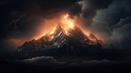 Lightning flashed next to the mountain peak and the surrounding clouds darkened which was created with Generative AI Technology - obrazy, fototapety, plakaty