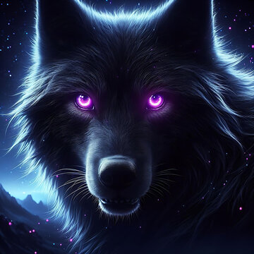 The wolf king is black with luminous purple eyes in night created by generative ai