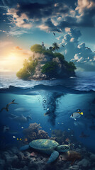 Obraz premium turtle and light house in the sea at sunset 