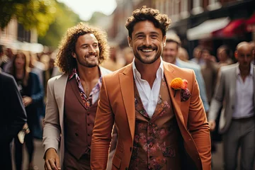 Fotobehang Two well-dressed men, exuding confidence, stride purposefully down the bustling city street. © sommersby