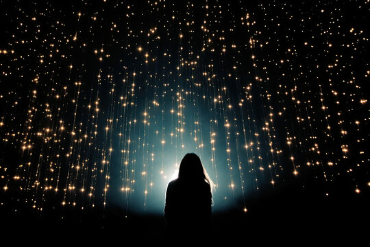 Solitary person stands in awe, their silhouette outlined by brilliance of expanse of stars filling night sky