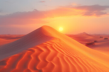 A minimalist shot of a desert dune at sunset in shades of warm orange, creating a tranquil and...