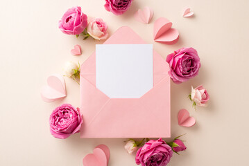 Women's Day concept. Top view of an open envelope with a love card, assorted paper hearts, and lively rose blooms on a neutral beige background, space reserved for your text or advertising