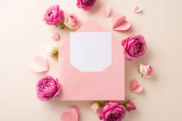 Foto op Aluminium Women's Day concept. Top view of an open envelope with a love card, assorted paper hearts, and lively rose blooms on a neutral beige background, space reserved for your text or advertising © ActionGP