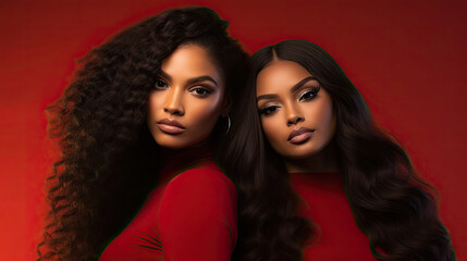portrait of two African American female models with long wavy black hair makeup shot against a solid red background created with Generative AI Technology 
