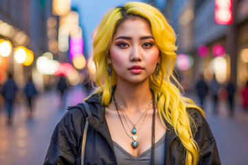 a Japanese woman with blonde hair standing on a Night City street. She is wearing street fashion clothing and accessories.