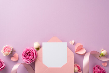 8th March celebration. Top-view photo showcasing unfolded envelope with heartfelt card, scattered...