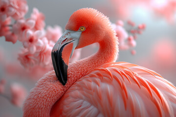 A close-up of a flamingo in shades of soft pink, highlighting the elegance and grace of the bird within a single color palette. Concept of monochromatic flamingo beauty. Generative Ai.
