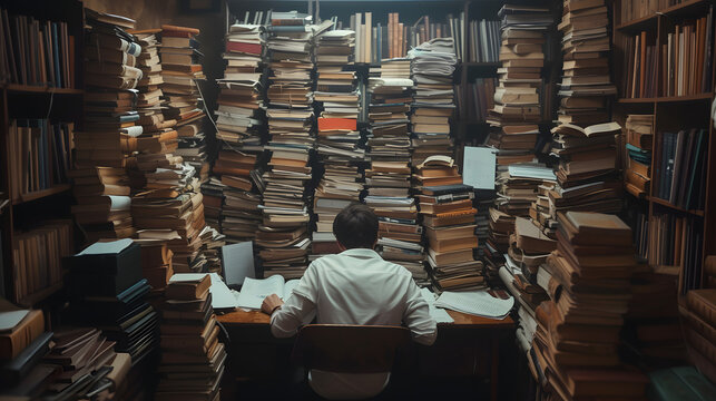 Photo of a person surrounded by towering stacks of books and papers at a desk