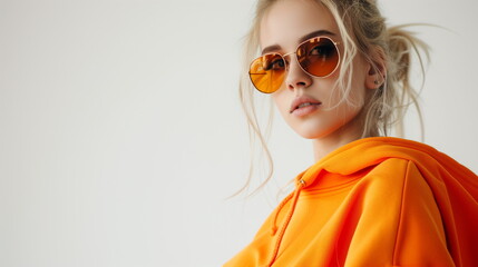 Fashionable woman wearing trendy orange color sunglasses, hoodie posing on white background. Close...