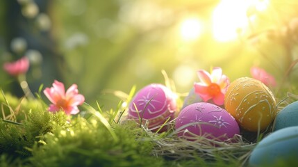 Happy Easter. Easter eggs on grass on a sunny spring day - Easter decoration, banner, panorama, background with copy space for text