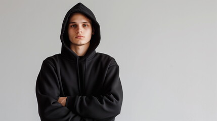 Man in black hooded sweatshirt on white background
