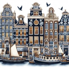 Illustration of Amsterdam houses in delftware style