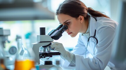Female medic analyzing slides in laboratory office with blurred background and copy space for text