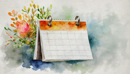 Calendar icon, watercolor art, canvas background, copy space on a side