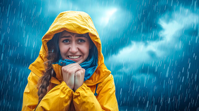 A happy woman in an electric blue raincoat enjoys the rain. copy space