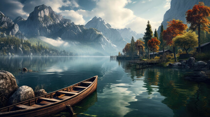 Fototapeta na wymiar wooden boat sitting on the dock with in the calm lake water with misty mountains and forest in the background created with Generative AI Technology 
