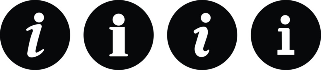 Info icons set. Information black circle vector flat or line collection isolated on transparent background. Info button in different style. Info symbol editable stock for mobile apps and websites.