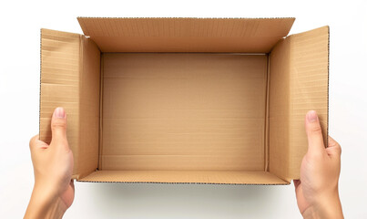 hands hold an opened box cardboard on white background top view.