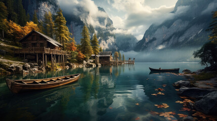 Naklejka premium wooden boat sitting on the dock with in the calm lake water with misty mountains and forest in the background