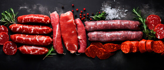 There are many different types of meat and sausages on the table - obrazy, fototapety, plakaty