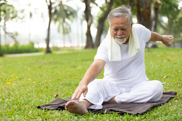 asian senior man workout and doing yoga in the park