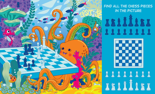 Find all the chess pieces in the picture. Hidden object puzzle. An octopus and a seahorse play chess. Vector illustration. Funny cartoon characters.