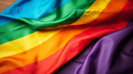 LGBT couple hugging outdoors. LGBT rainbow flag.