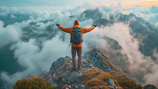 Male hiker reaches spot raising arms up overlooking beautiful mountain landscape. Traveler standing on rock looking at incredible highlands landscape raising arms for victory and success 4k video 
