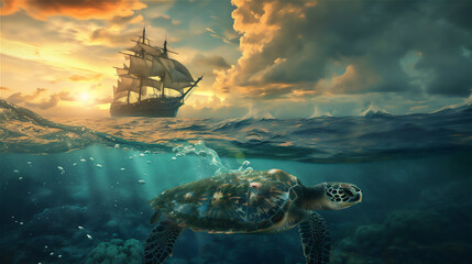 turtle in the ocean with sailing ship and dramatic clouds