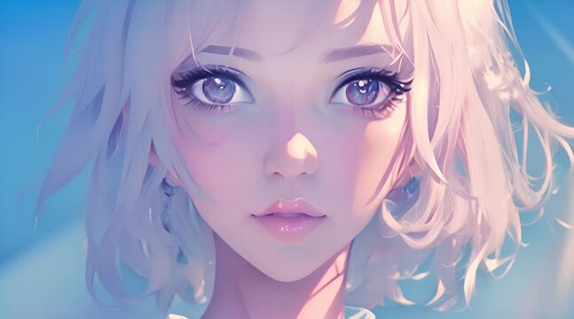 young beautiful anime girl with white hair and big blue eyes Generative AI