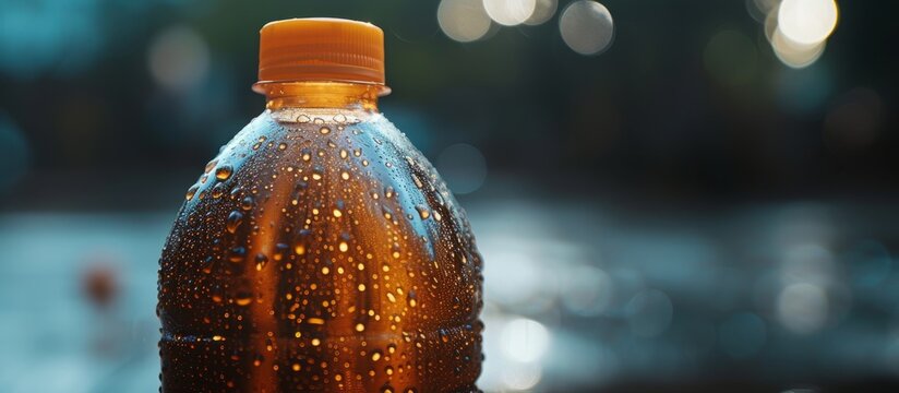 A close-up photo featuring an amber glass bottle with water drops, resembling electric blue fluid, showcasing drinkware or automotive lighting.