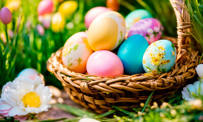 Fototapeta na wymiar Easter strong eggs in a basket in the garden. Selective focus.