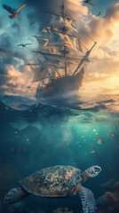 turtle in the ocean with sailing ship and dramatic clouds