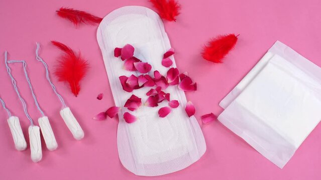 A creative shot of menstrual products on a pink background for different bleeding issues - tampons  sanitary pads . A visualisation of smooth period flow with rose petals  red soft feathers - mensu...