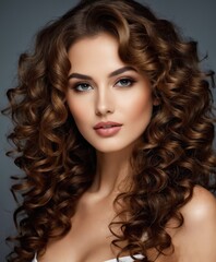 Vogue style close-up portrait of beautiful woman with long curly hair