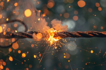 Electrical cable on fire  hazard concept, closeup - obrazy, fototapety, plakaty