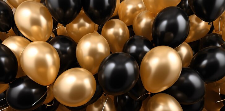 Gold and black balloons on a black background for birthday celebrations or celebrations that require balloons