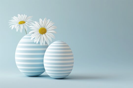 Striped Easter eggs in soft blue hues double as vases for fresh daisies on a tranquil blue background. Generative AI