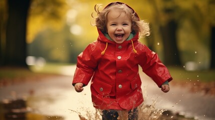 A delightful image capturing a joyful toddler wearing a red raincoat, gleefully splashing in a puddle on an autumn day. 