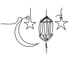 Lantern, half moon and star, Ramadan Kareem, one continuous line drawing