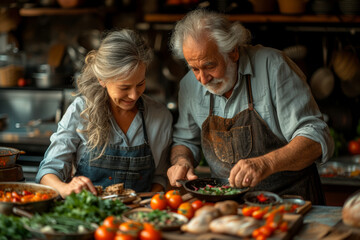 An image of a senior couple engaged in a cooking class, illustrating the joy of learning new culinary skills and maintaining a healthy lifestyle through nutritious meals.  Generative Ai.