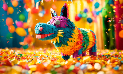 children's party with pi ata and candy. Selective focus. - obrazy, fototapety, plakaty