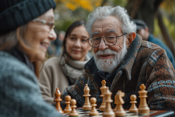 A photograph capturing a moment of camaraderie as a group of seniors enjoys a game of chess in a park, illustrating the mental stimulation and social connection. Generative Ai.