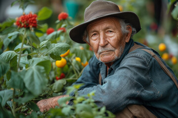 A shot of an older man participating in a community gardening project, highlighting the therapeutic and fulfilling aspects of nurturing plants and contributing to green spaces.  Generative Ai.