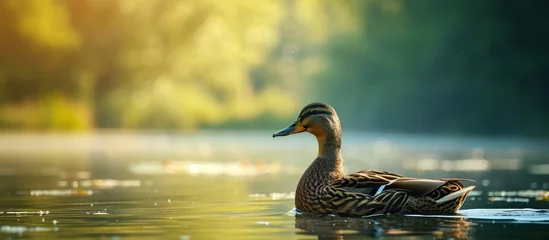 Foto op Aluminium A waterfowl bird with feathers is peacefully swimming in the natural landscape of a sunny lake, using its beak to navigate the liquid fluid. © AkuAku