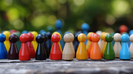 Colorful game chips. Wooden and colored figures representing diversity and inclusion. Stepping Out to be Different. Teamwork and Leadership Concepts with Wooden People Figures.