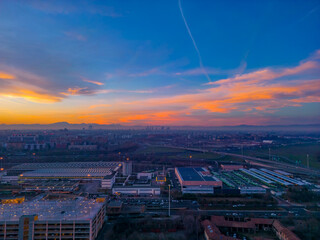 City skyline at sunset Milan. Copy space sky city