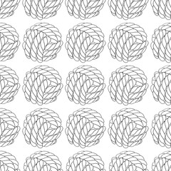 Seamless pattern of knotted ropes cords monkey fist knot ball Nautical thread whipcord with loops and noose, braided, spiral fiber. Illustration hand drawn graphic on white background